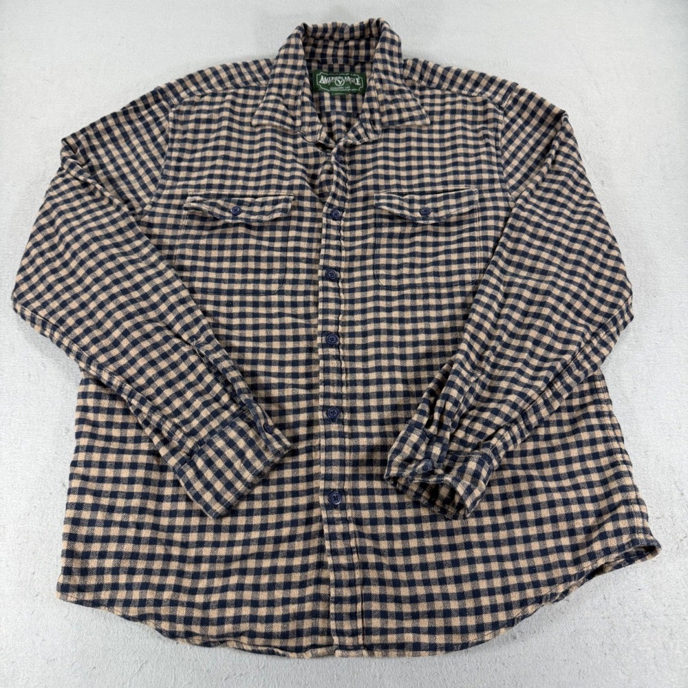 American Eagle Flannel Shirt Large Navy‎ Tan Plaid Cotton Button Up Mens